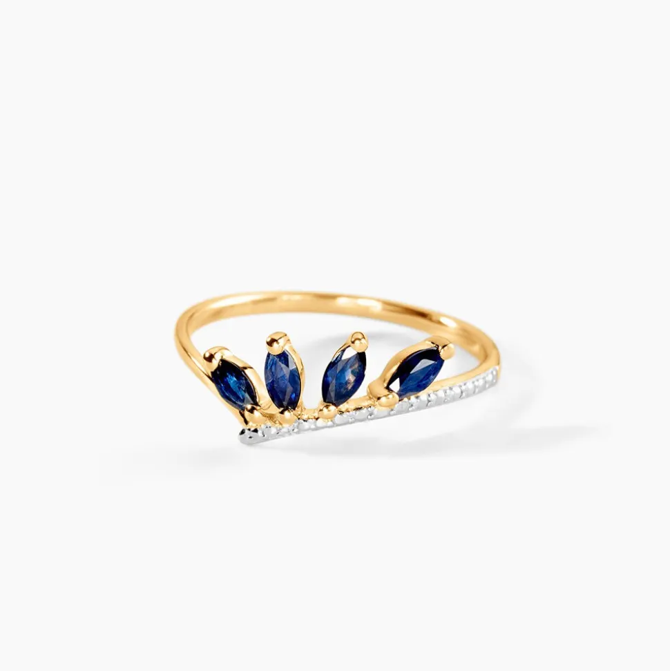 Bague Navette Or Jaune Saphir Diamant