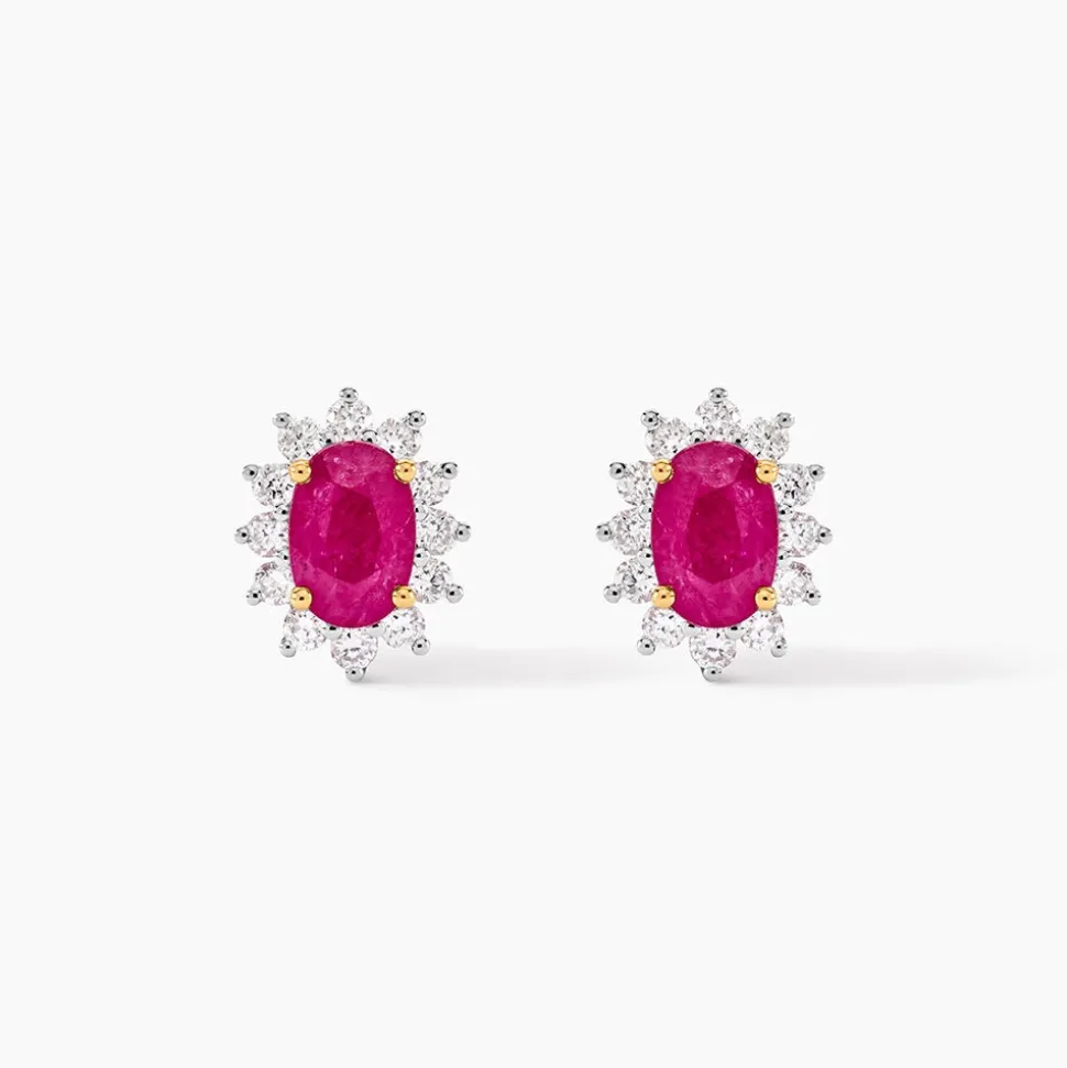 Boucles D'oreilles Or Jaune Rubis Diamants