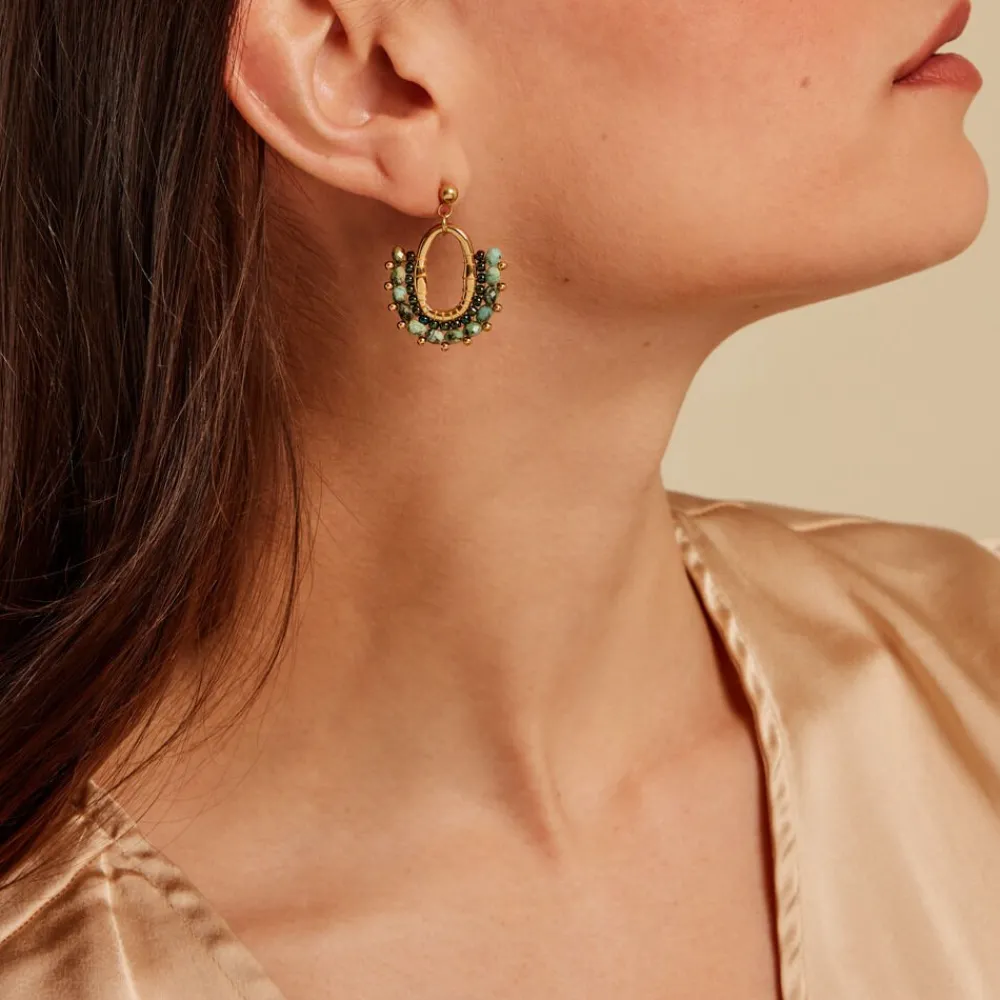 Boucles D'oreilles Pendantes Athena Acier Jaune Verre Turquoise|Marc Orian Sale
