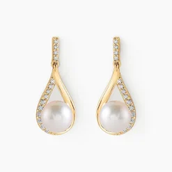 Boucles D'oreilles Pendantes Helin Or Jaune Perle De Culture Et Oxyde