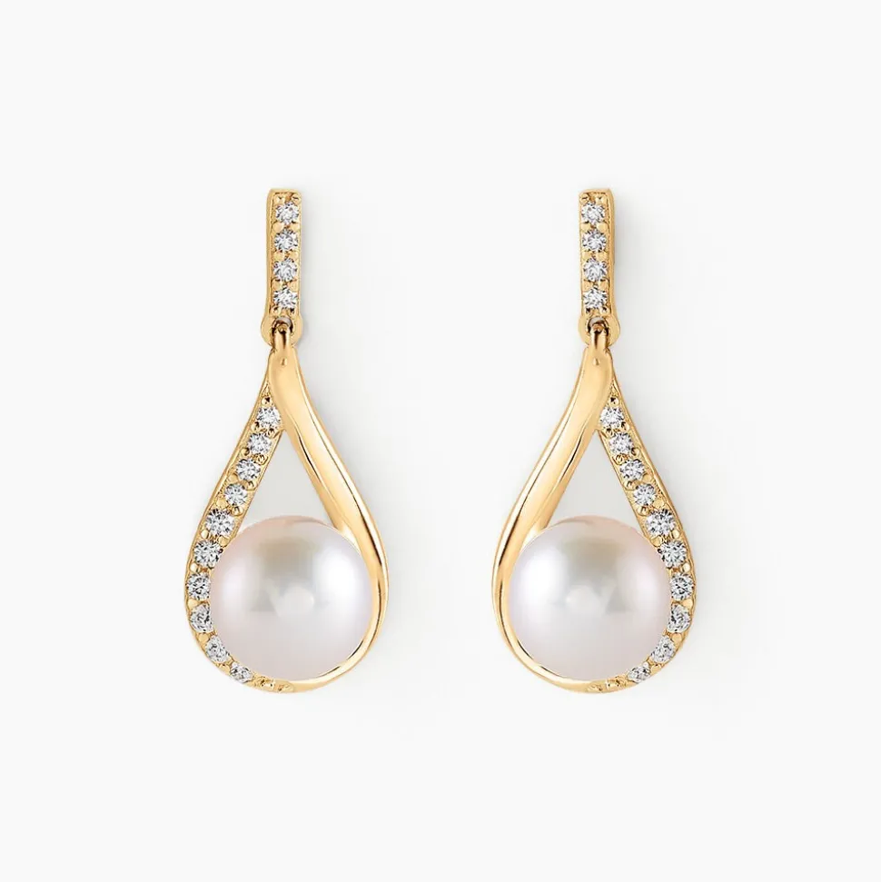 Boucles D'oreilles Pendantes Helin Or Jaune Perle De Culture Et Oxyde