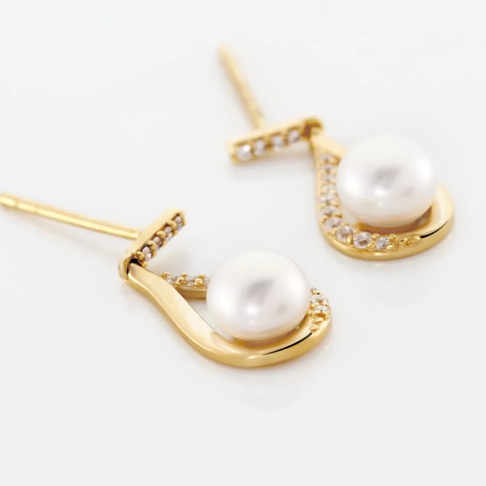 Boucles D'oreilles Pendantes Helin Or Jaune Perle De Culture Et Oxyde