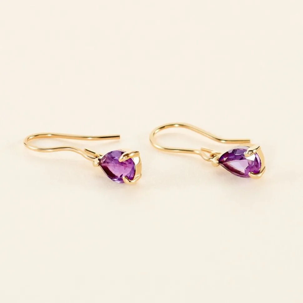 Boucles D'oreilles Pendantes Goutte Or Jaune Amethyste