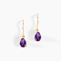 Boucles D'oreilles Pendantes Goutte Or Jaune Amethyste