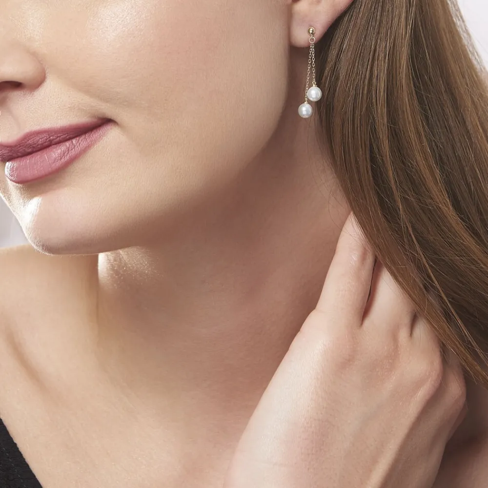 Boucles D'oreilles Pendantes Carrine 2 Fils Or Jaune Perle D'imitation|Marc Orian New