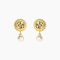 Boucles D'Oreilles Pendantes Guess Tiny Pearly Acier Jaune Oxyde De Zirconium Perle D'Imitation