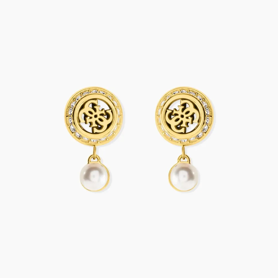 Boucles D'Oreilles Pendantes Guess Tiny Pearly Acier Jaune Oxyde De Zirconium Perle D'Imitation
