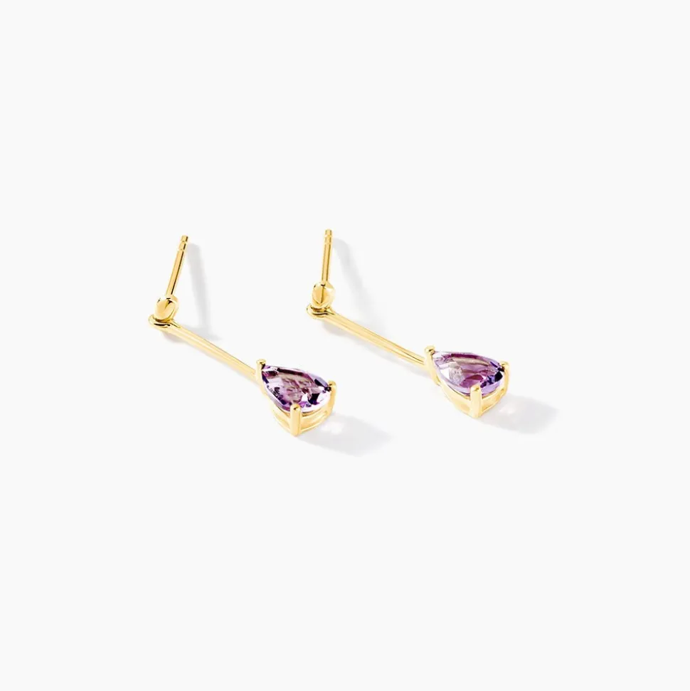 Boucles D'oreilles Pendantes Goutte Or Jaune Amethyste
