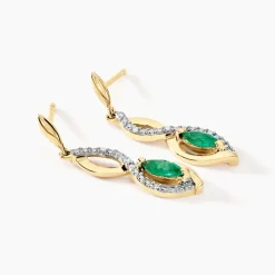 Boucles D'oreilles Pendantes Ondulations Or Jaune Emeraude Diamant