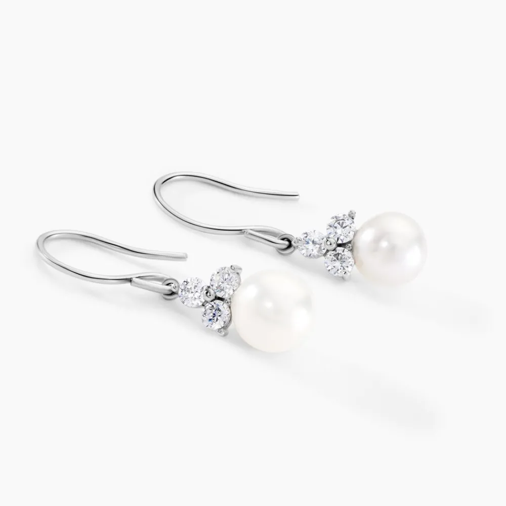 Boucles D'oreilles Pendantes Taissia Or Blanc Perle Culture Et Oxyde|Marc Orian Outlet