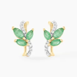 Boucles D'oreilles Puces Angie Or Jaune Emeraude Diamant