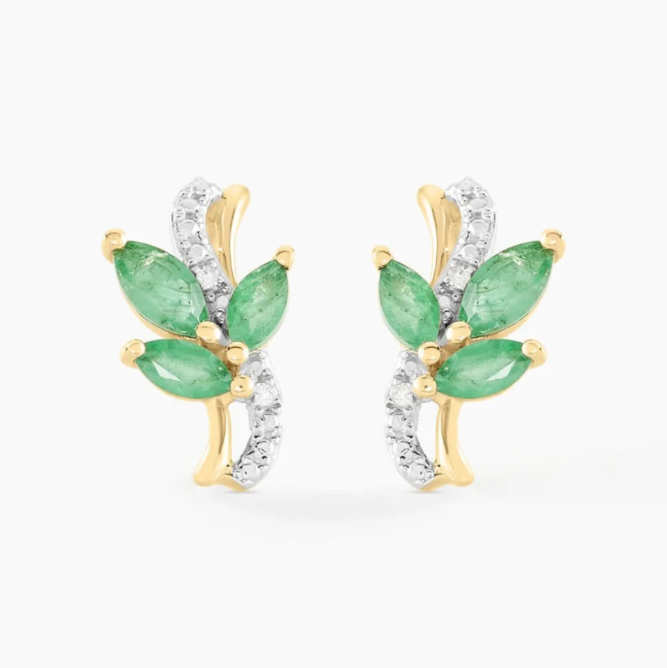 Boucles D'oreilles Puces Angie Or Jaune Emeraude Diamant