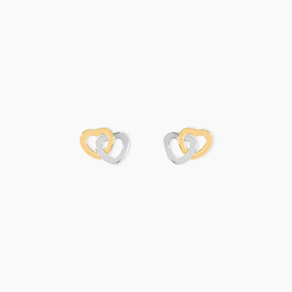 Boucles D'oreilles Puces Anne-maudae Double Coeurs Or Bicolore