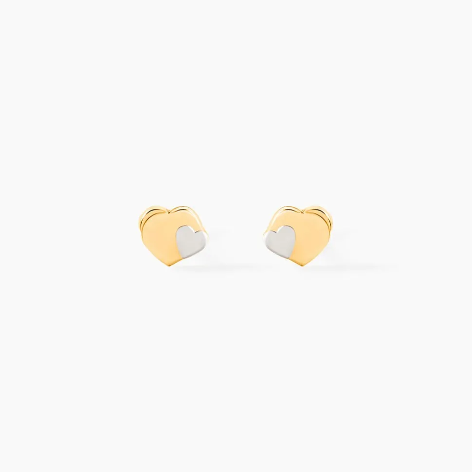 Boucles D'oreilles Puces Anne-maudae Double Coeurs Or Bicolore