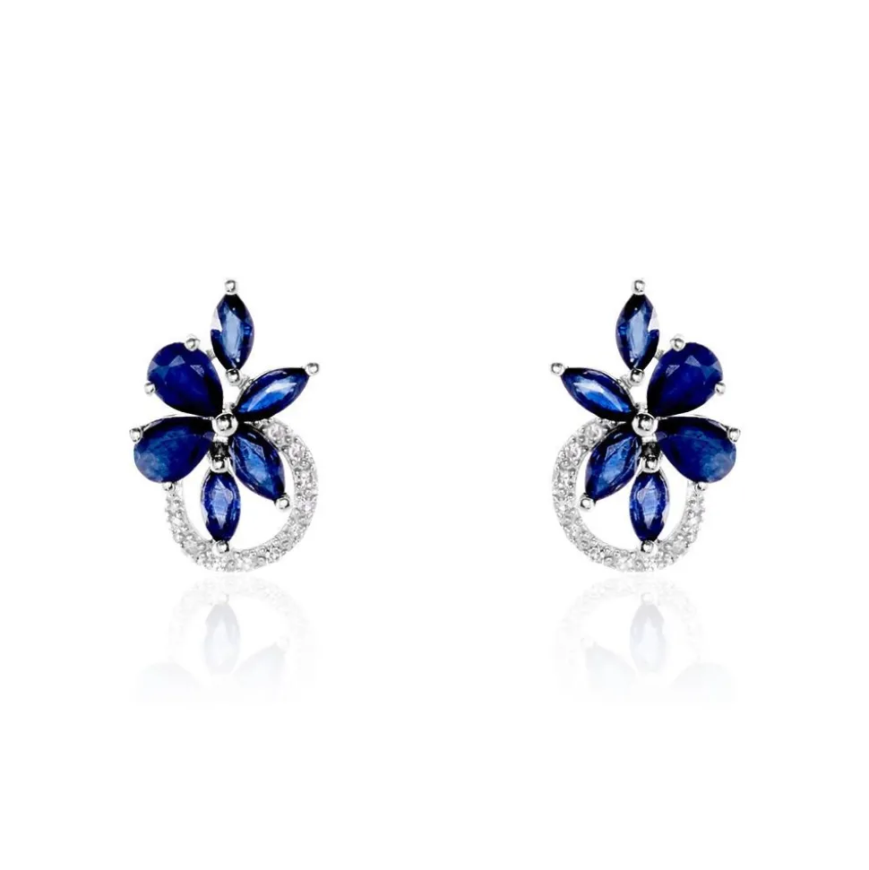 Boucles D'oreilles Puces Bouquet Or Blanc Saphir Et Diamant