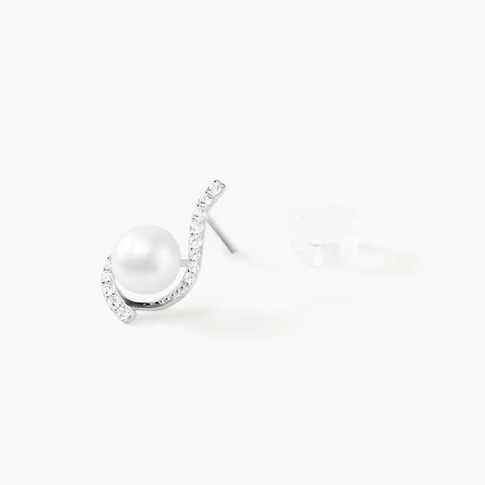Boucles D'oreilles Puces Cassiopea Or Blanc Oxyde Et Perle De Culture|Marc Orian New