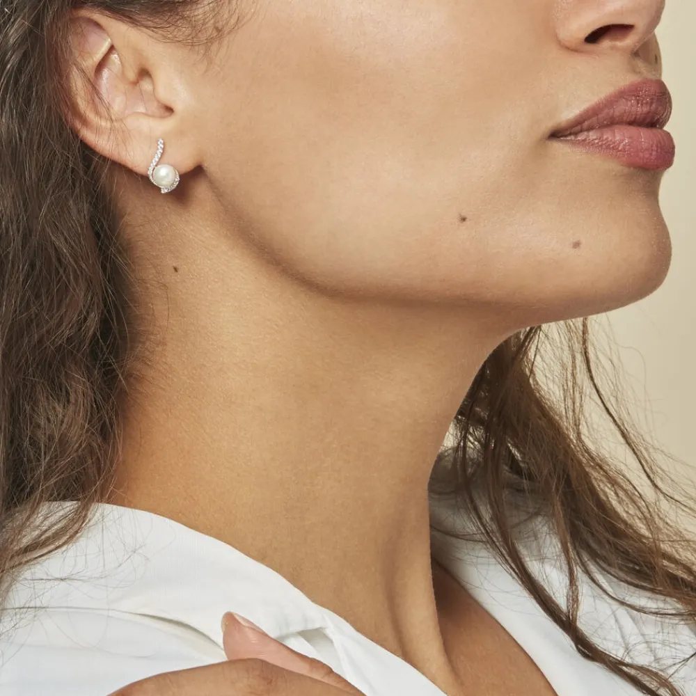 Boucles D'oreilles Puces Cassiopea Or Blanc Oxyde Et Perle De Culture|Marc Orian New