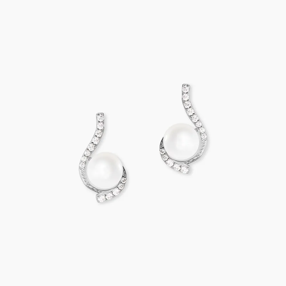 Boucles D'oreilles Puces Cassiopea Or Blanc Oxyde Et Perle De Culture|Marc Orian New