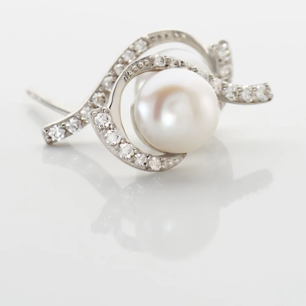 Boucles D'oreilles Puces Cassiopea Or Blanc Oxyde Et Perle De Culture|Marc Orian New