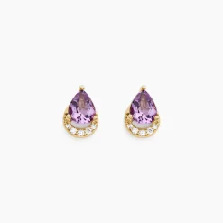 Boucles D'oreilles Puces Dinis Or Jaune Améthyste Oxyde De Zirconium