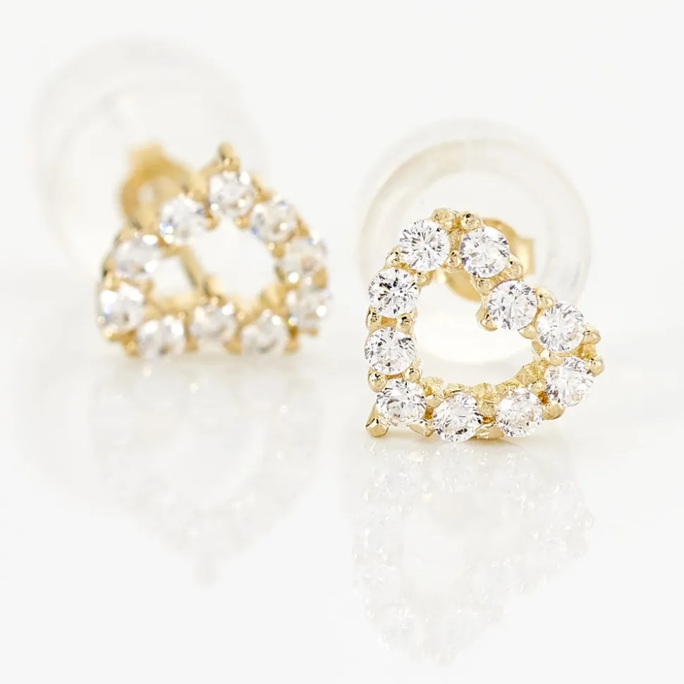 Boucles D'oreilles Puces Dorcas Coeur Ajoure Or Jaune Oxyde De Zirconium