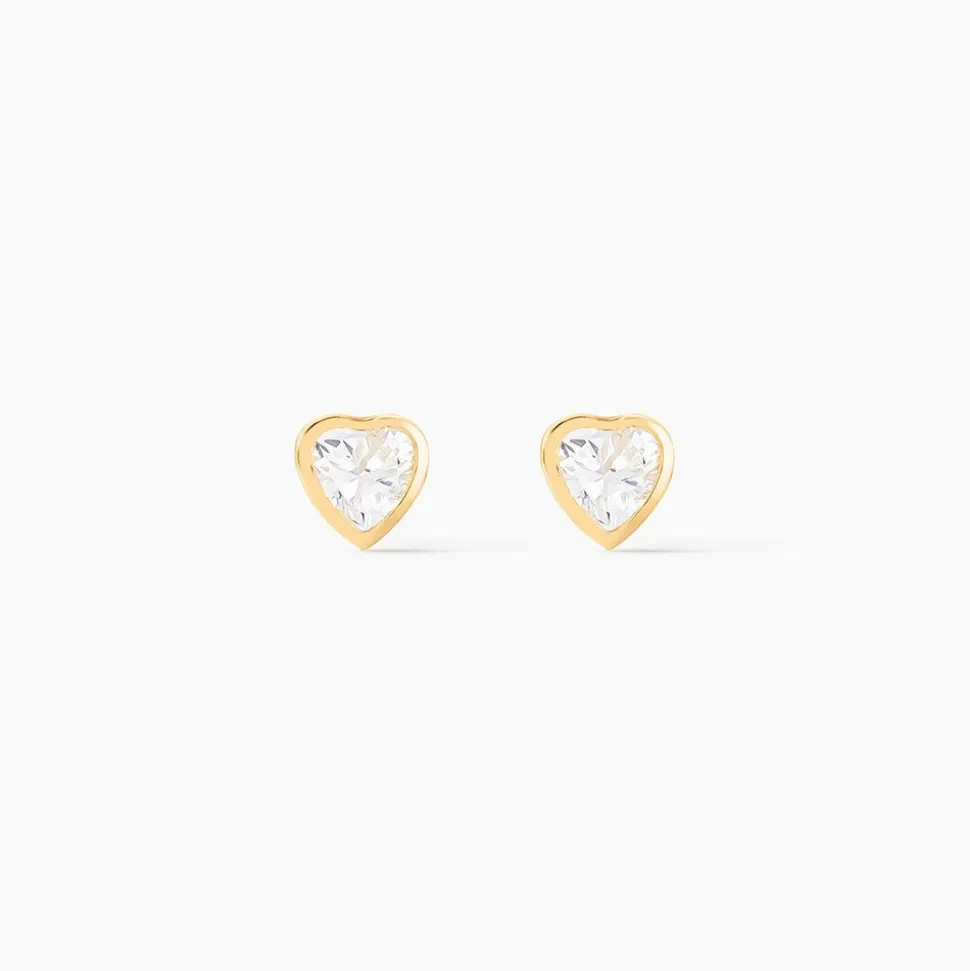 Boucles D'oreilles Puces Dot Coeur Plein Or Jaune Oxyde De Zirconium
