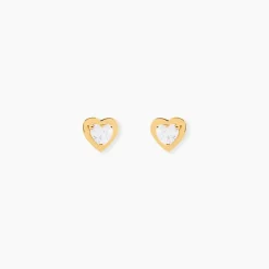 Boucles D'oreilles Puces Dot Coeur Plein Or Jaune Oxyde De Zirconium