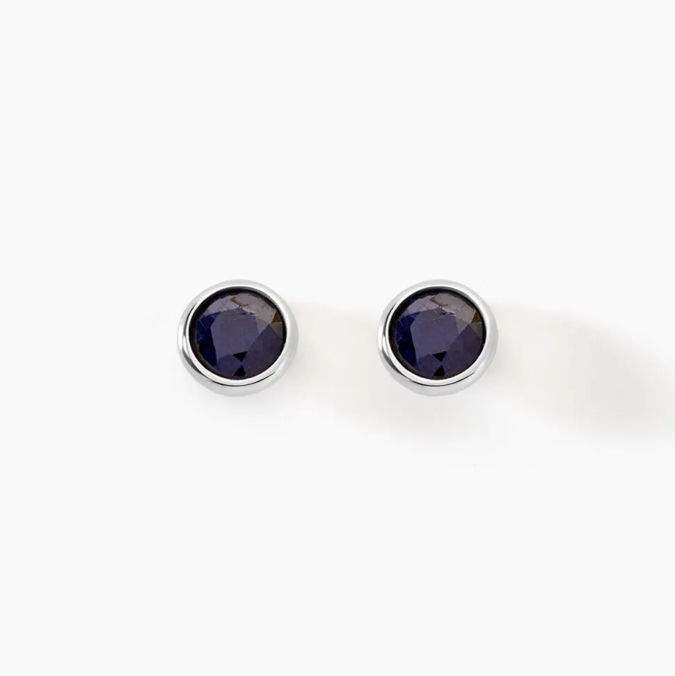 Boucles D'oreilles Puces Edy Serti Clos Or Blanc Saphir