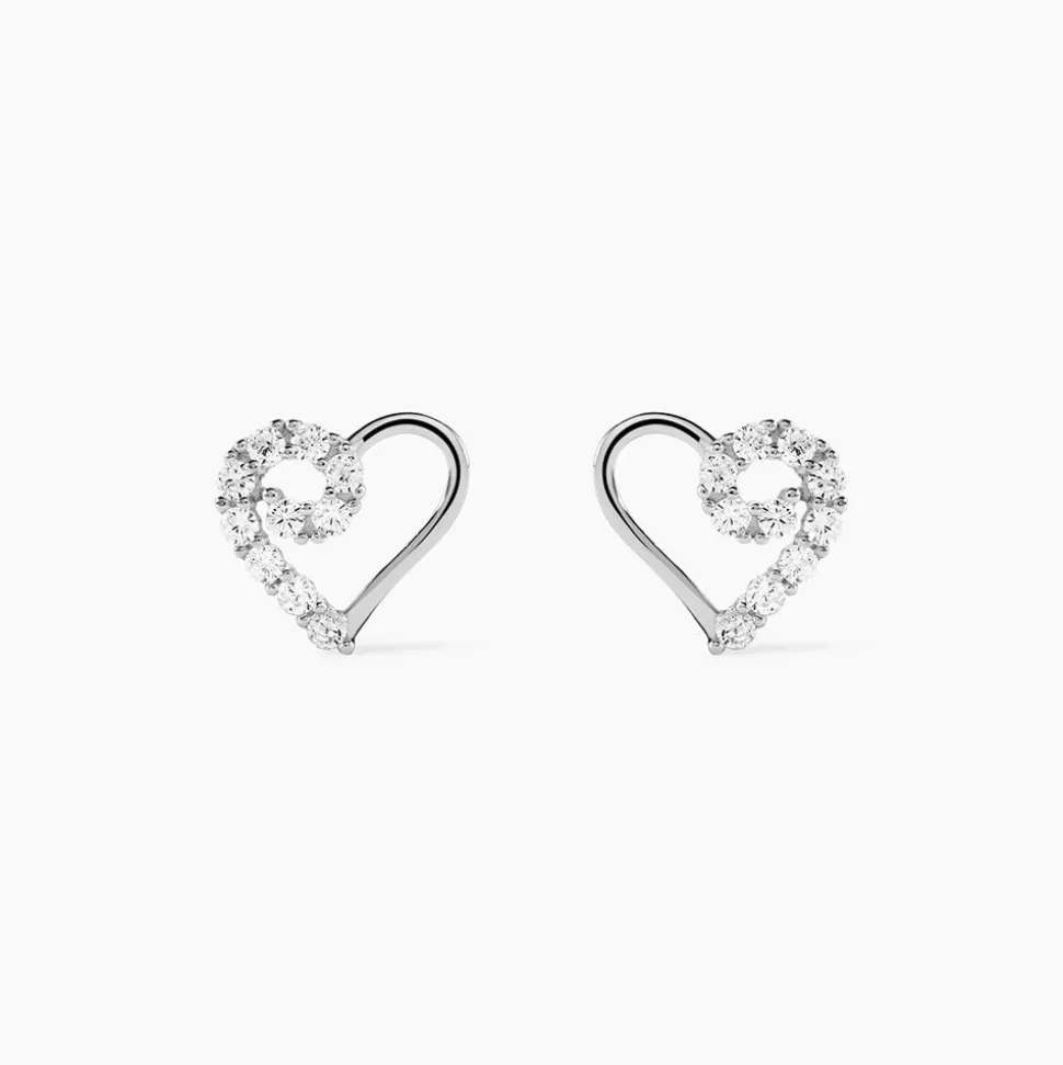 Boucles D'oreilles Puces Eluf Cœur Or Blanc Oxyde De Zirconium