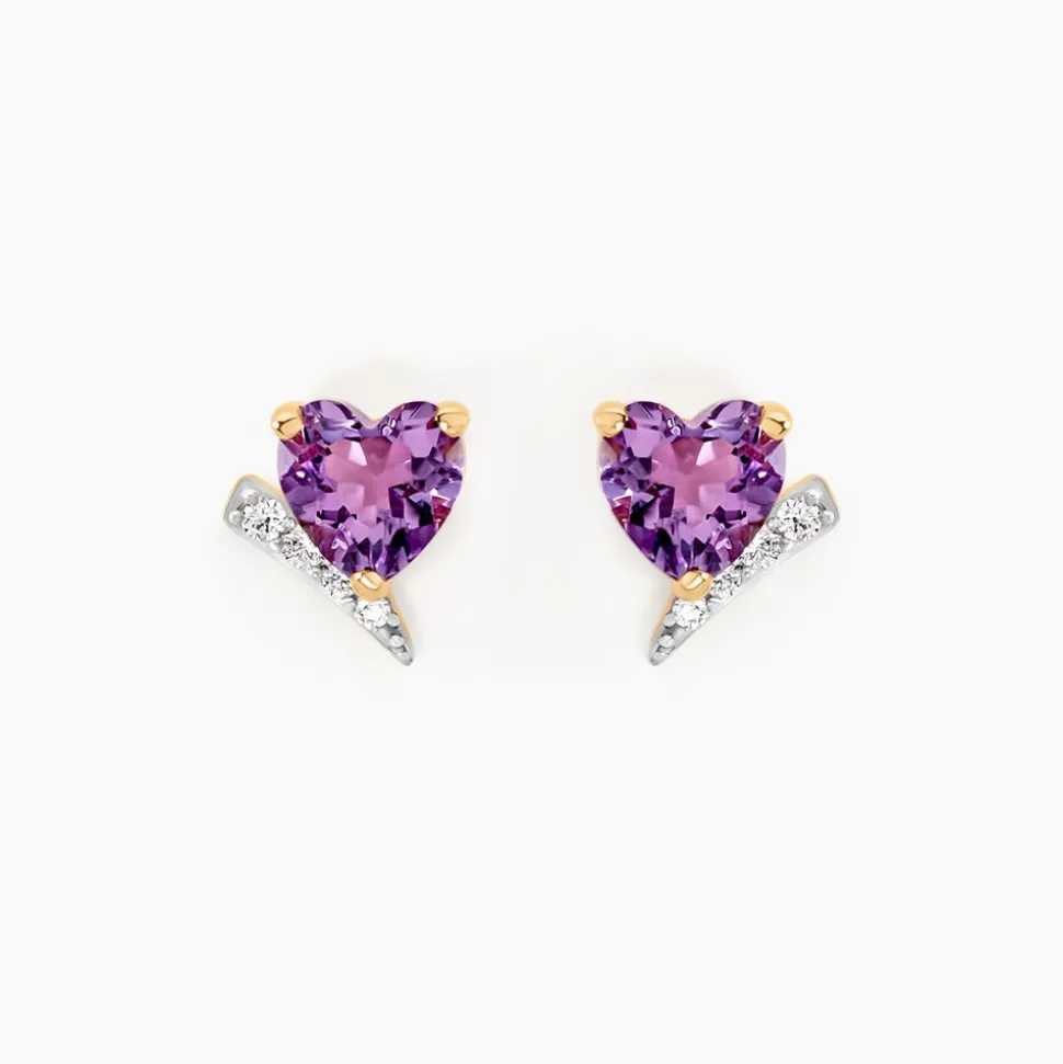 Boucles D'oreilles Puces Eva Or Jaune Amethyste Et Oxyde De Zirconium