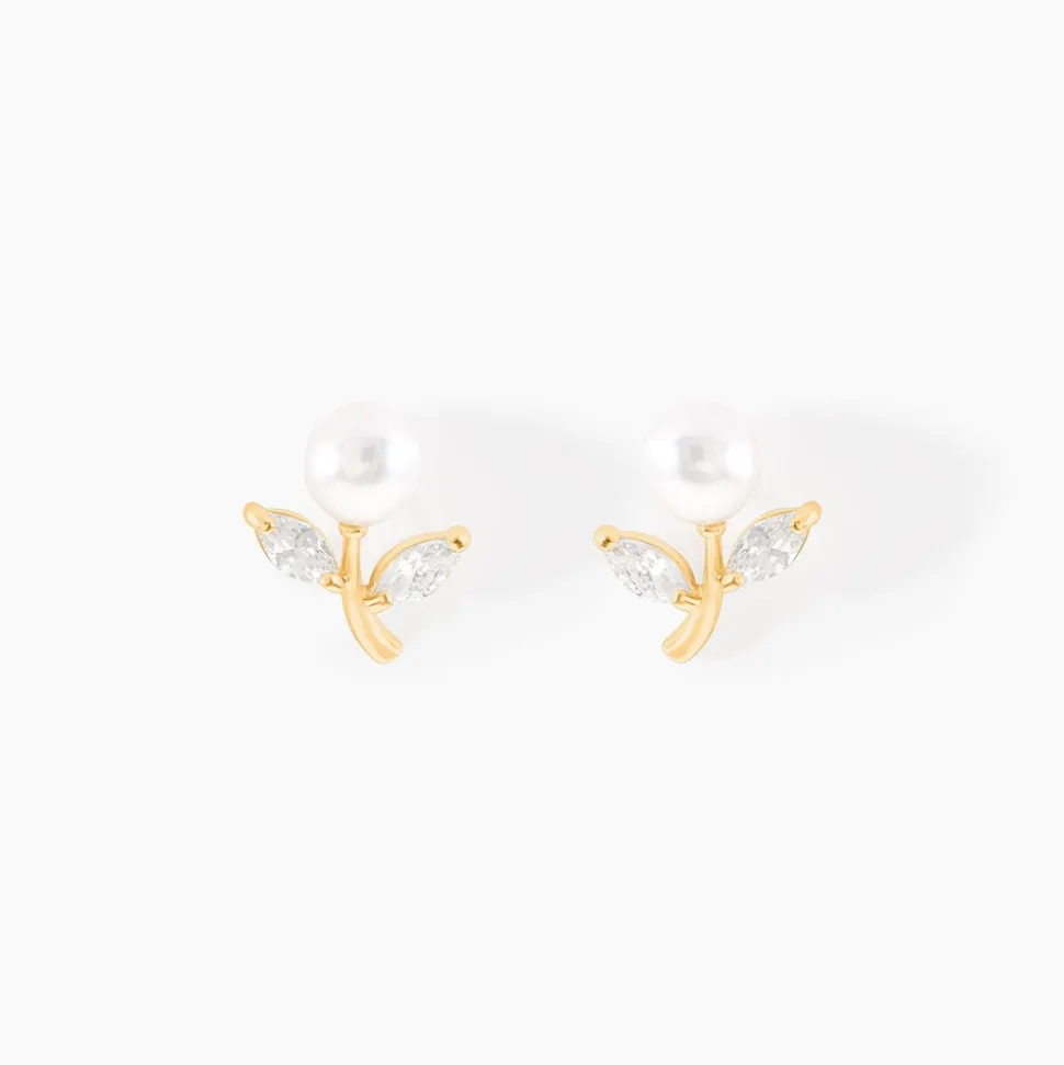 Boucles D'oreilles Puces Frigga Or Jaune Perle De Culture Et Oxyde