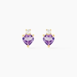 Boucles D'oreilles Puces Heart Or Jaune Améthyste Oxyde Zirconium