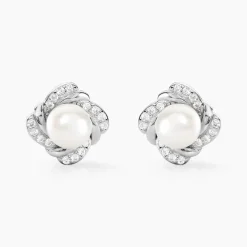 Boucles D'oreilles Puces Laetoria Argent Blanc Perle De Culture Oxyde|Marc Orian Outlet