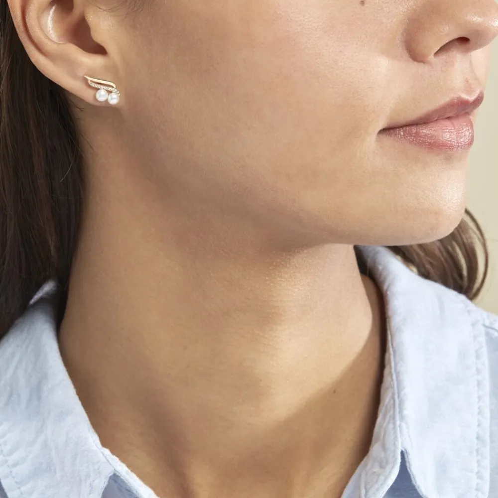 Boucles D'oreilles Puces Loeva Or Jaune Perle De Culture Et Oxyde|Marc Orian New