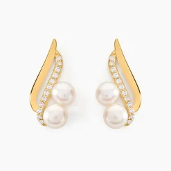 Boucles D'oreilles Puces Loeva Or Jaune Perle De Culture Et Oxyde|Marc Orian New