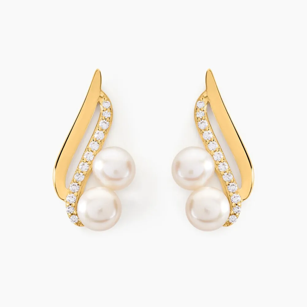 Boucles D'oreilles Puces Loeva Or Jaune Perle De Culture Et Oxyde|Marc Orian New