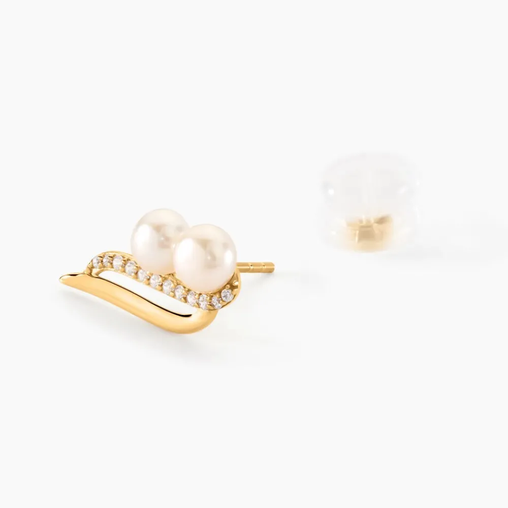 Boucles D'oreilles Puces Loeva Or Jaune Perle De Culture Et Oxyde|Marc Orian New