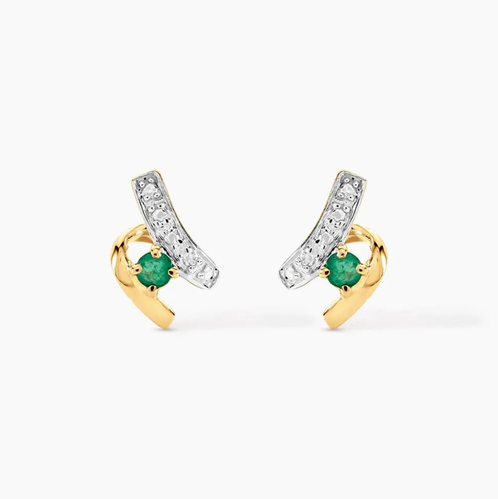 Boucles D'oreilles Puces Loubra Or Jaune Emeraude