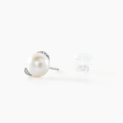 Boucles D'oreilles Puces Lucinda Or Blanc Perle De Culture Et Oxyde|Marc Orian Online