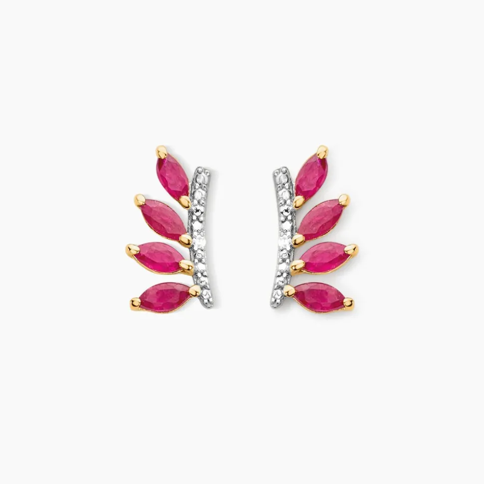 Boucles D'oreilles Puces Navette Or Jaune Rubis Diamant