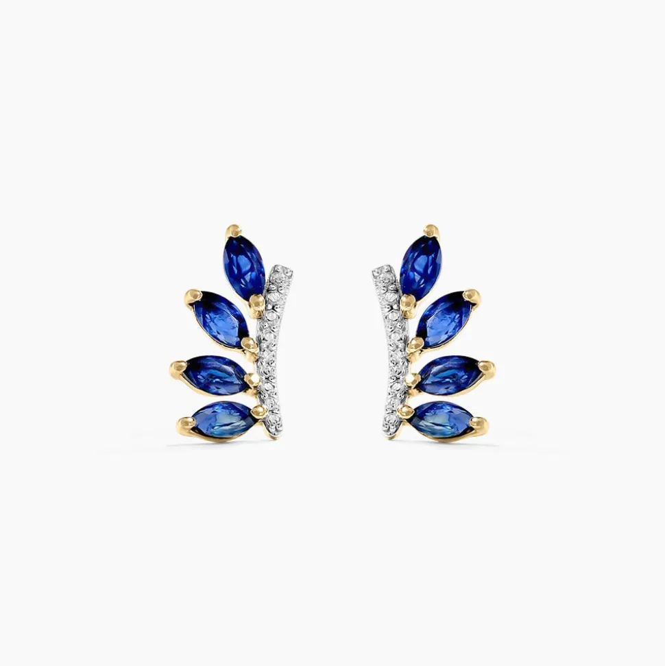 Boucles D'oreilles Puces Navette Or Jaune Saphir Diamant