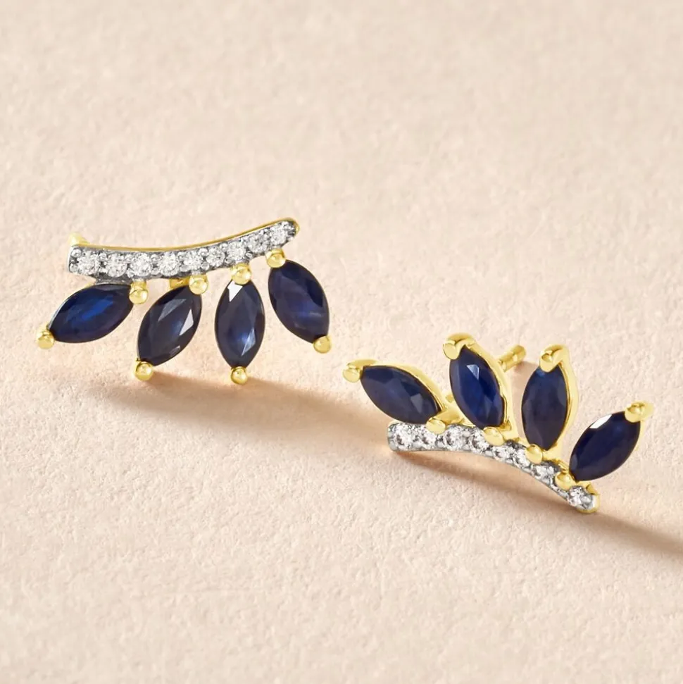 Boucles D'oreilles Puces Navette Or Jaune Saphir Diamant