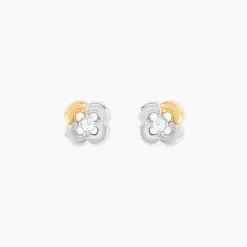 Boucles D'Oreilles Puces Or Jaune Argent Blanc Oxyde De Zirconium