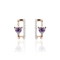 Boucles D'oreilles Puces Or Rose Amethyste Et Diamant