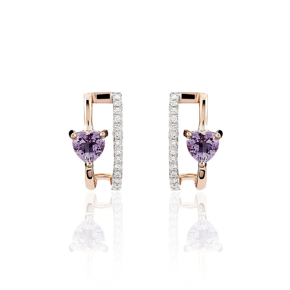 Boucles D'oreilles Puces Or Rose Amethyste Et Diamant