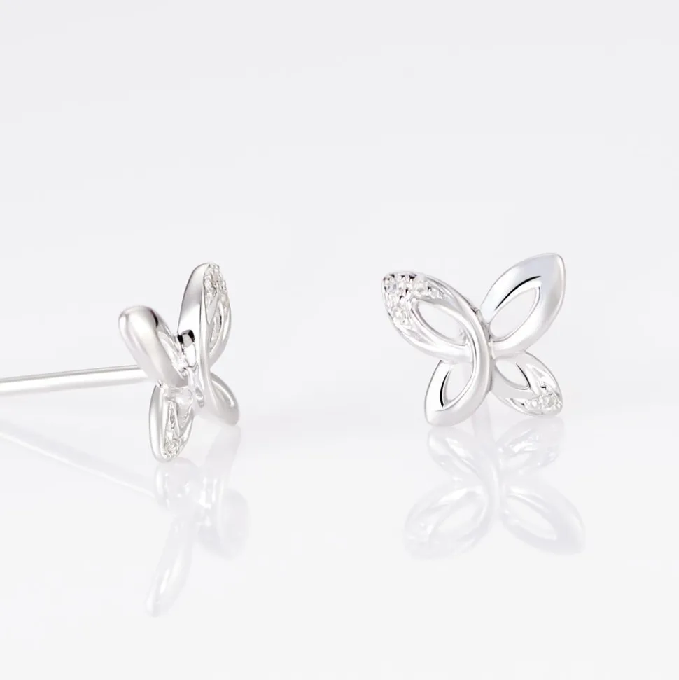 Boucles D'oreilles Puces Papillon Or Blanc Diamant