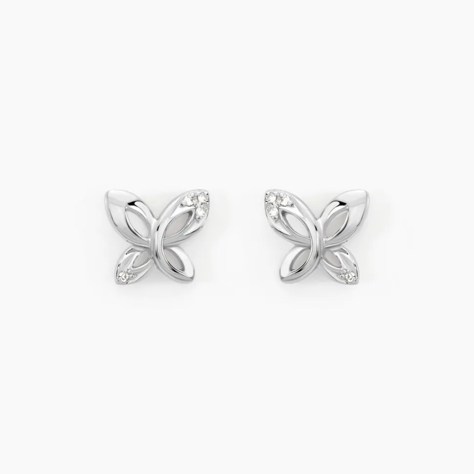 Boucles D'oreilles Puces Papillon Or Blanc Diamant