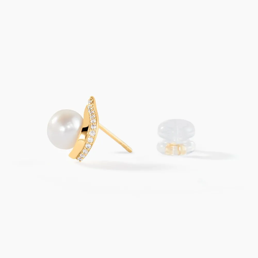 Boucles D'oreilles Puces Pearly Or Jaune Perle De Culture Et Oxyde|Marc Orian Online