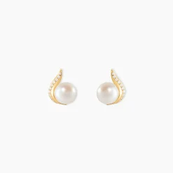Boucles D'oreilles Puces Pearly Or Jaune Perle De Culture Et Oxyde|Marc Orian Online