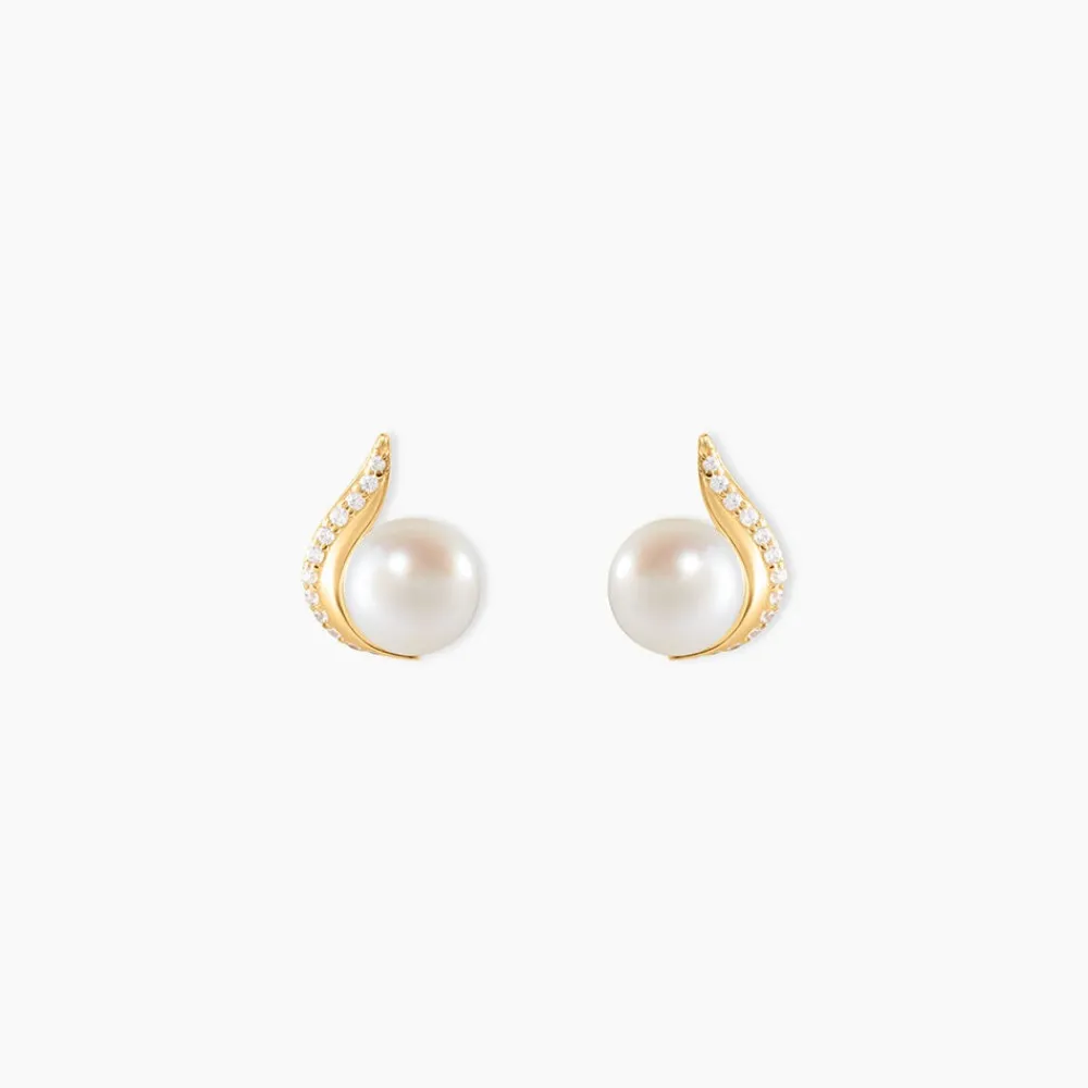 Boucles D'oreilles Puces Pearly Or Jaune Perle De Culture Et Oxyde|Marc Orian Online